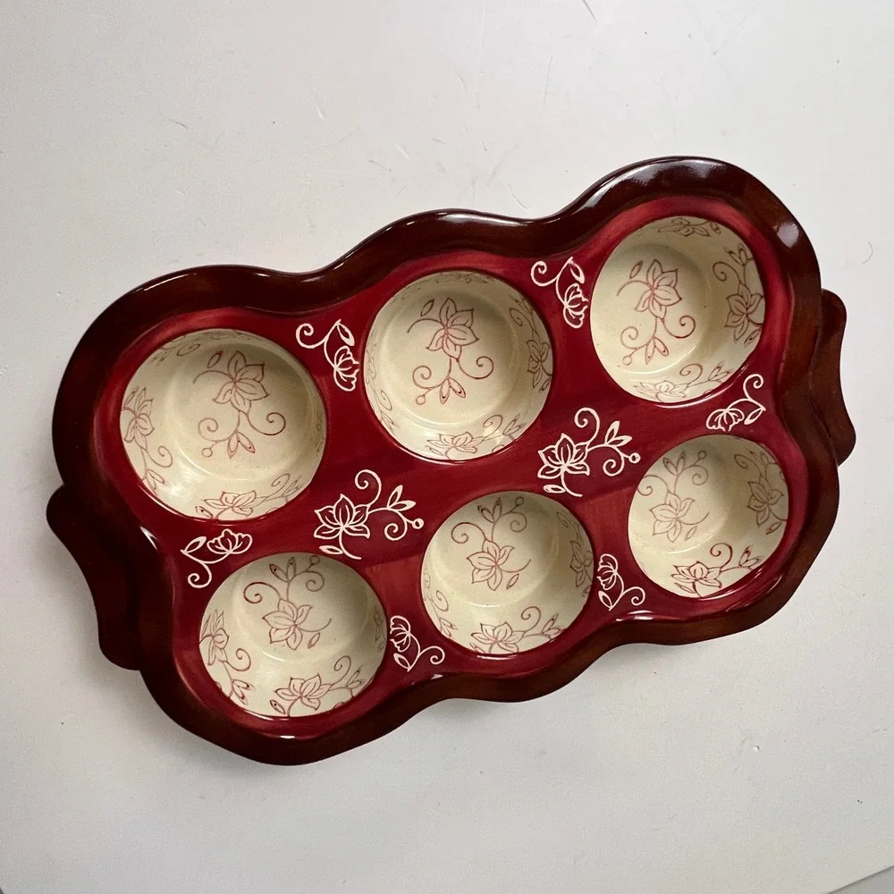 Temp-tations Muffin Pan 6 Cup Cranberry Red Floral Lace Ceramic Stoneware Baker